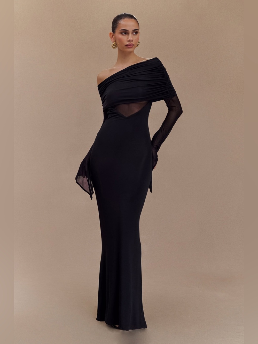 Meshki Black Off-Shoulder Sheer Sleeve Gown